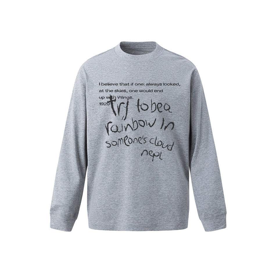 Heather gray long-sleeve crew-neck top with black typed and handwritten text graphic on the front