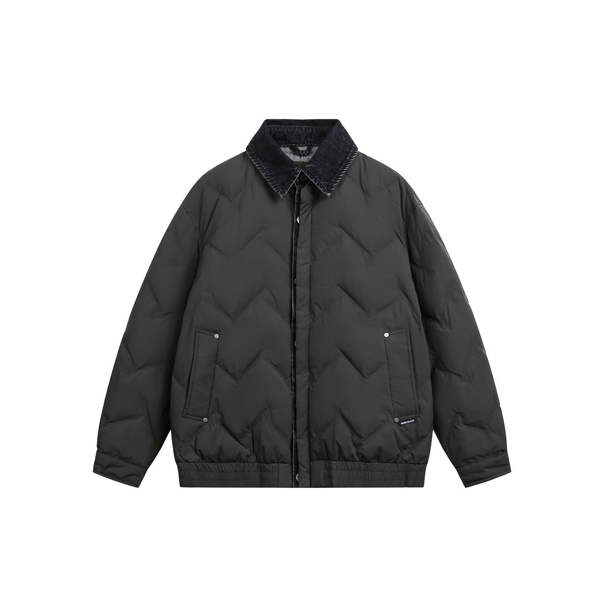 Charcoal gray chevron-quilted jacket with dark washed denim-look collar, front view on a plain background