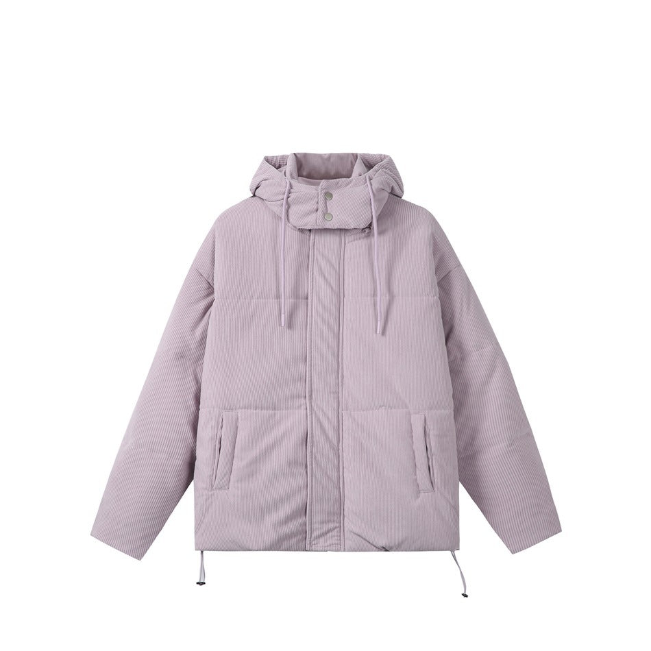 Light purple hooded corduroy-look puffer jacket, front view on white background, with zip placket, pockets and drawstrings