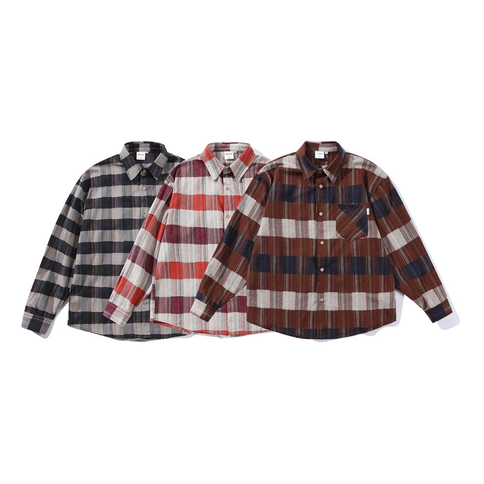 Three long-sleeve plaid button-up shirts shown together in charcoal, red and brown colorways.
