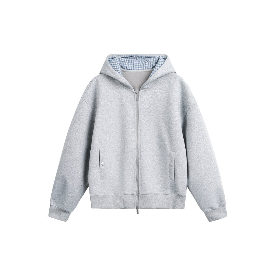 Heather gray zip-up hoodie with blue gingham hood lining, snap-detail side pockets and ribbed cuffs and hem