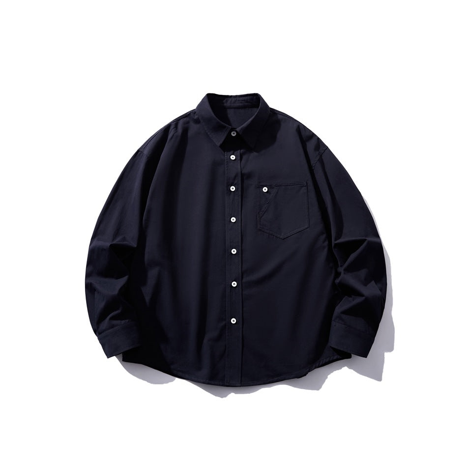 Navy blue long-sleeve button-up shirt with collar and chest pocket, front flat lay