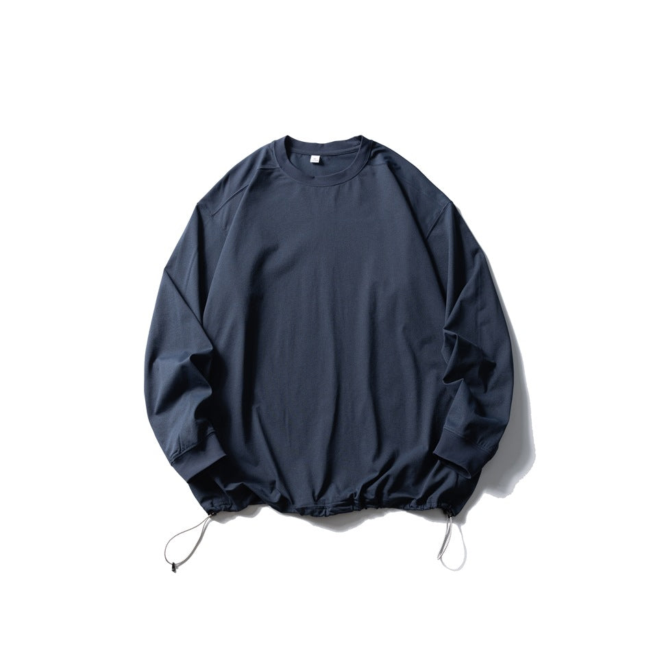Navy blue long-sleeve crew-neck top flat lay with drawstring hem and toggle cords