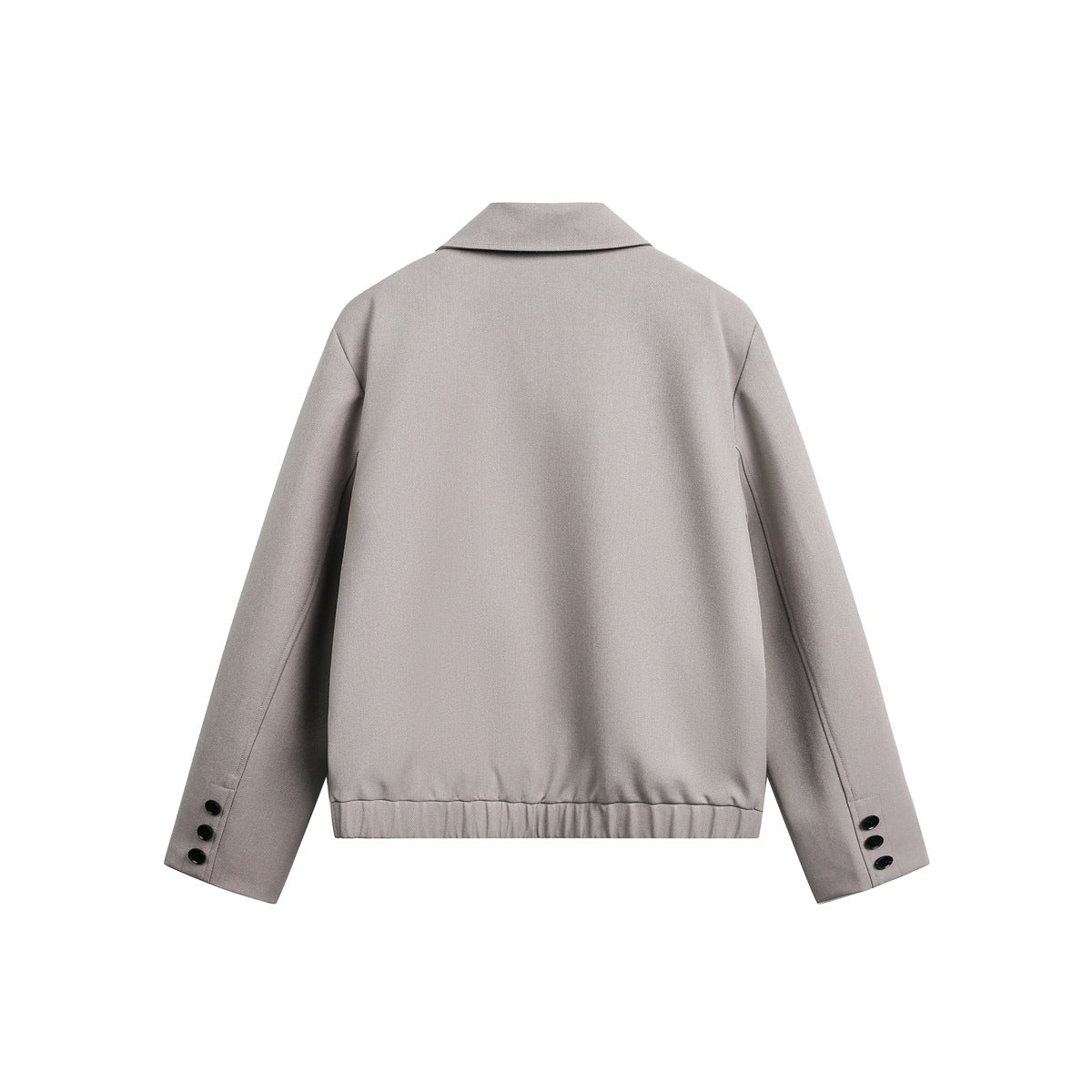Back view of a light taupe jacket with a folded collar, long sleeves, buttoned cuffs, and a ribbed hem.