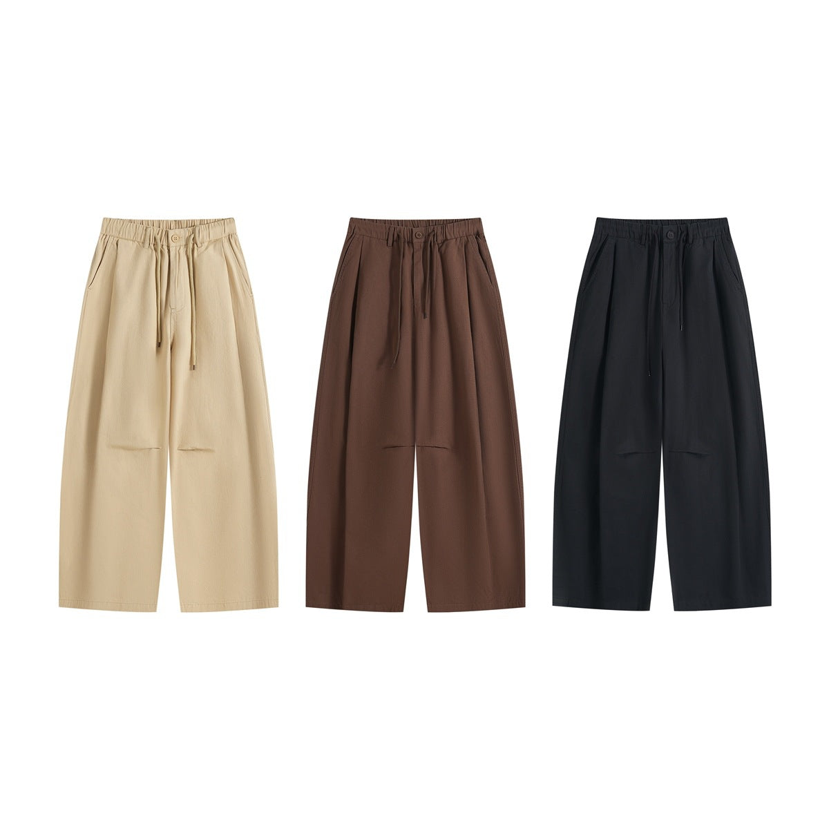Three pairs of wide-leg pants shown from the front in beige, brown and black, with elastic waists and drawstrings.