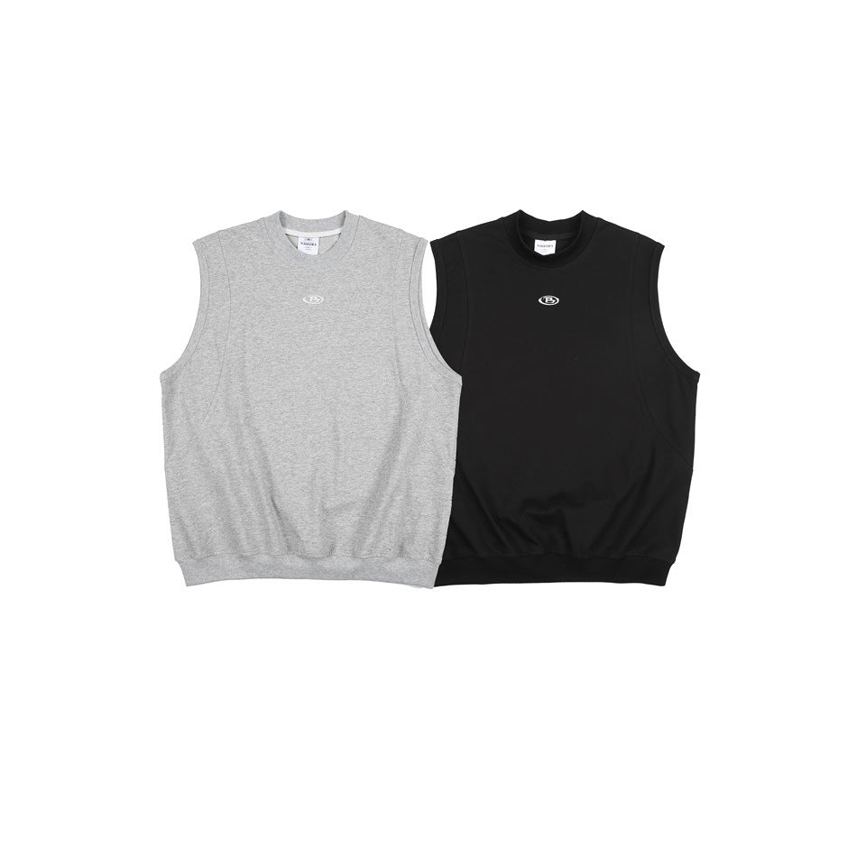 Two sleeveless crew-neck tops shown from the front: heather gray and black, each with a small white chest emblem.