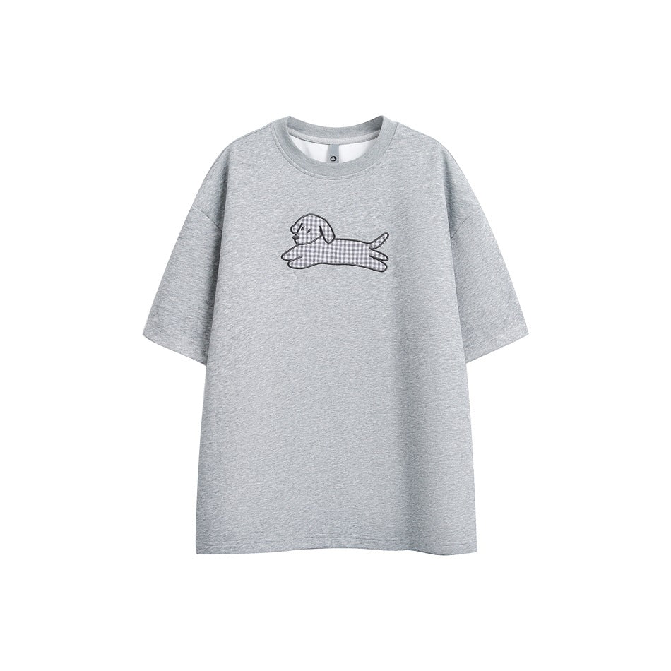 Heather gray short-sleeve crew-neck T-shirt with gingham running dog appliqué on the chest, flat front view