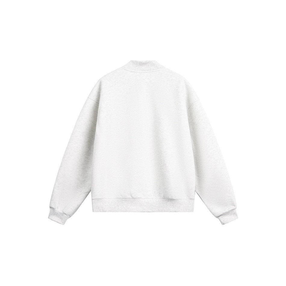 Back view of a light gray sweatshirt with a stand collar, long sleeves, and ribbed cuffs and hem.