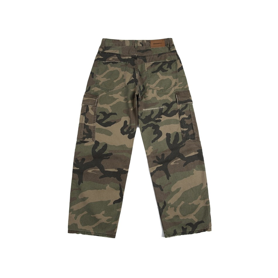 Back flat lay of green camouflage cargo pants showing two back patch pockets, side cargo pockets and waist label