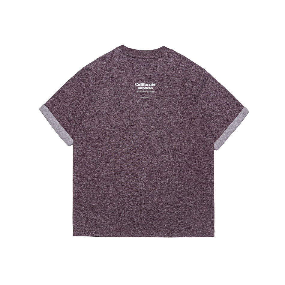Purple heathered T-shirt, back view, with small white 'California sunsets' text print at the upper back