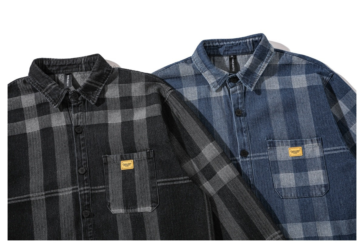 Two button-front plaid shirts shown together: charcoal gray and blue, each with a chest pocket.