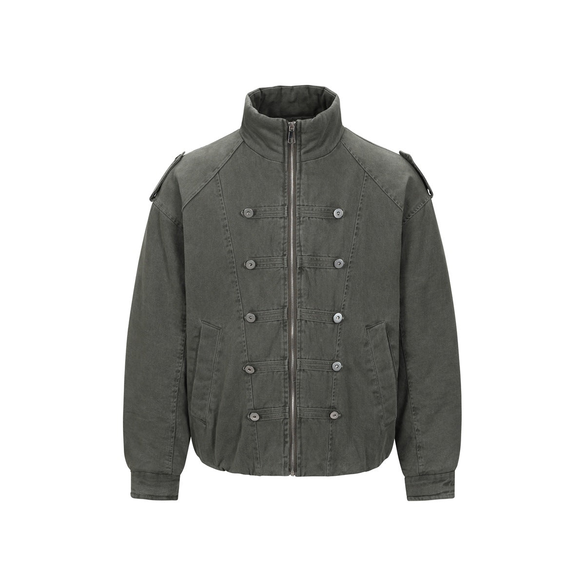 Olive green stand-collar zip jacket with double rows of button tabs, shoulder epaulettes and slip pockets, flat front view