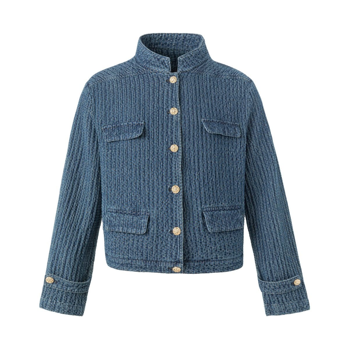 Washed blue textured stand-collar jacket flat lay with gold buttons, four flap pockets and button-tab cuffs