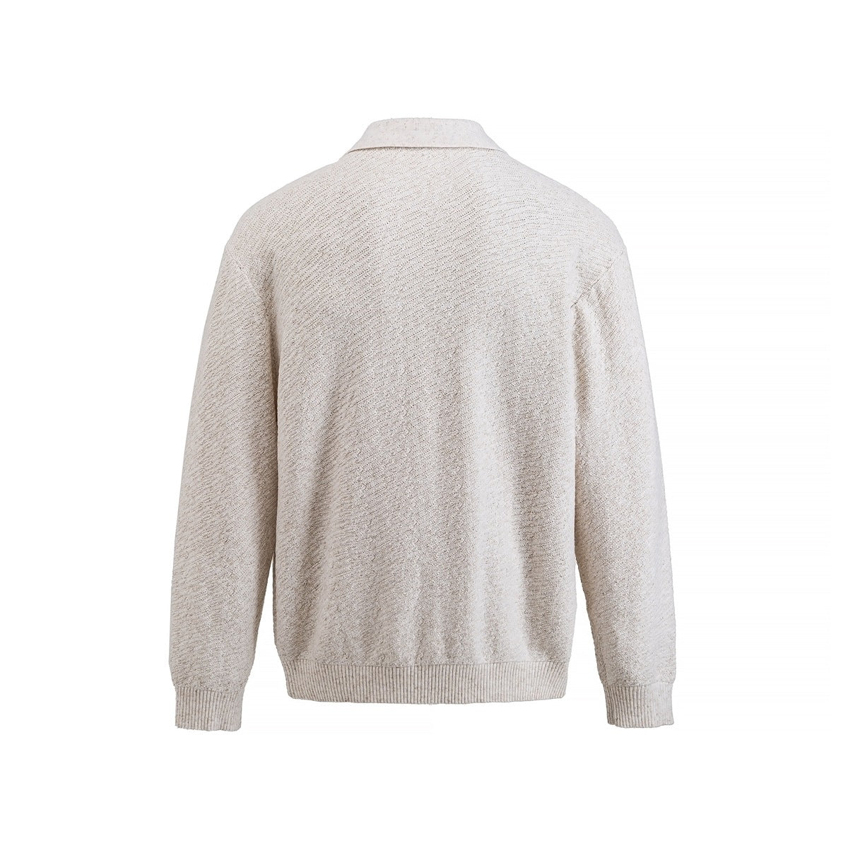 Back view of a cream long-sleeve collared knit pullover with ribbed cuffs and hem.