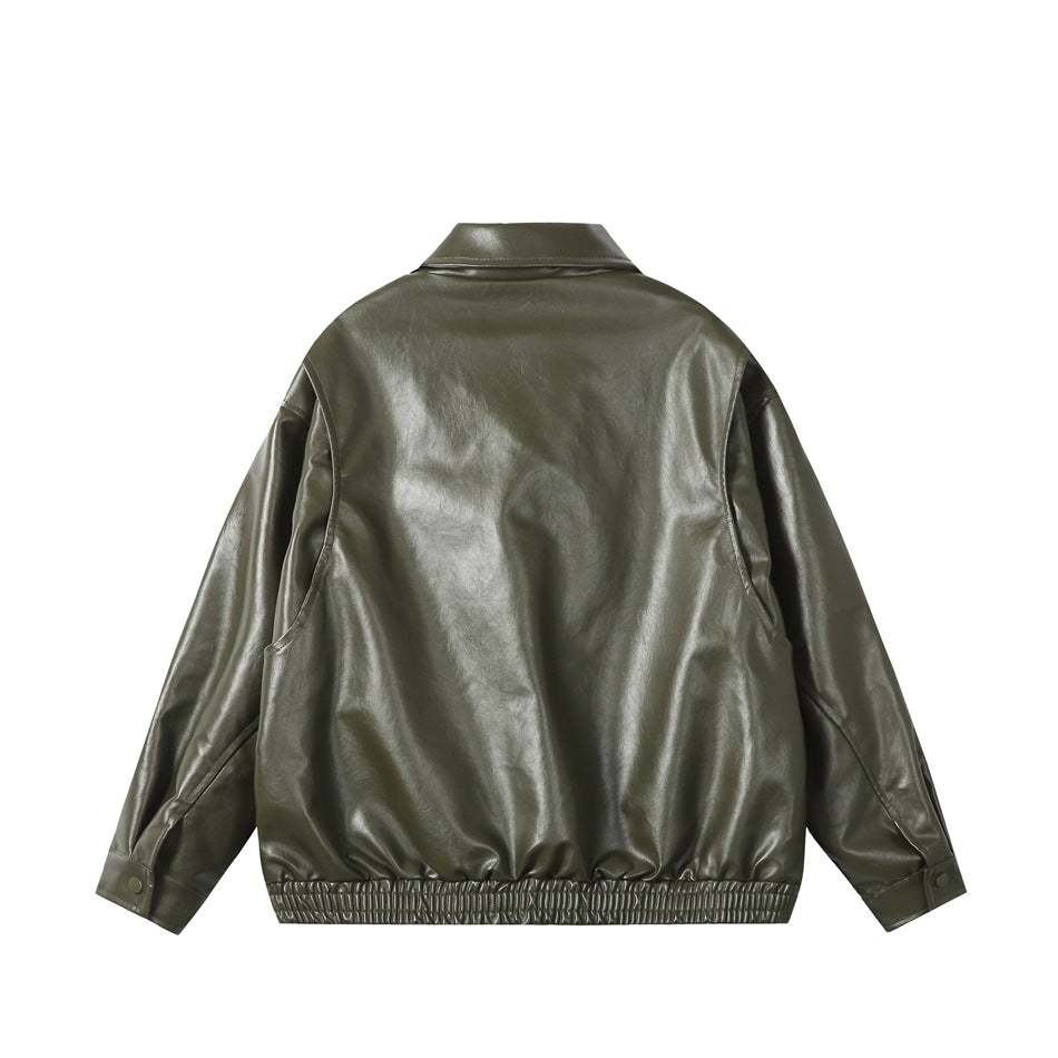 Back view of an olive jacket with a pointed collar, long sleeves, and an elastic hem.