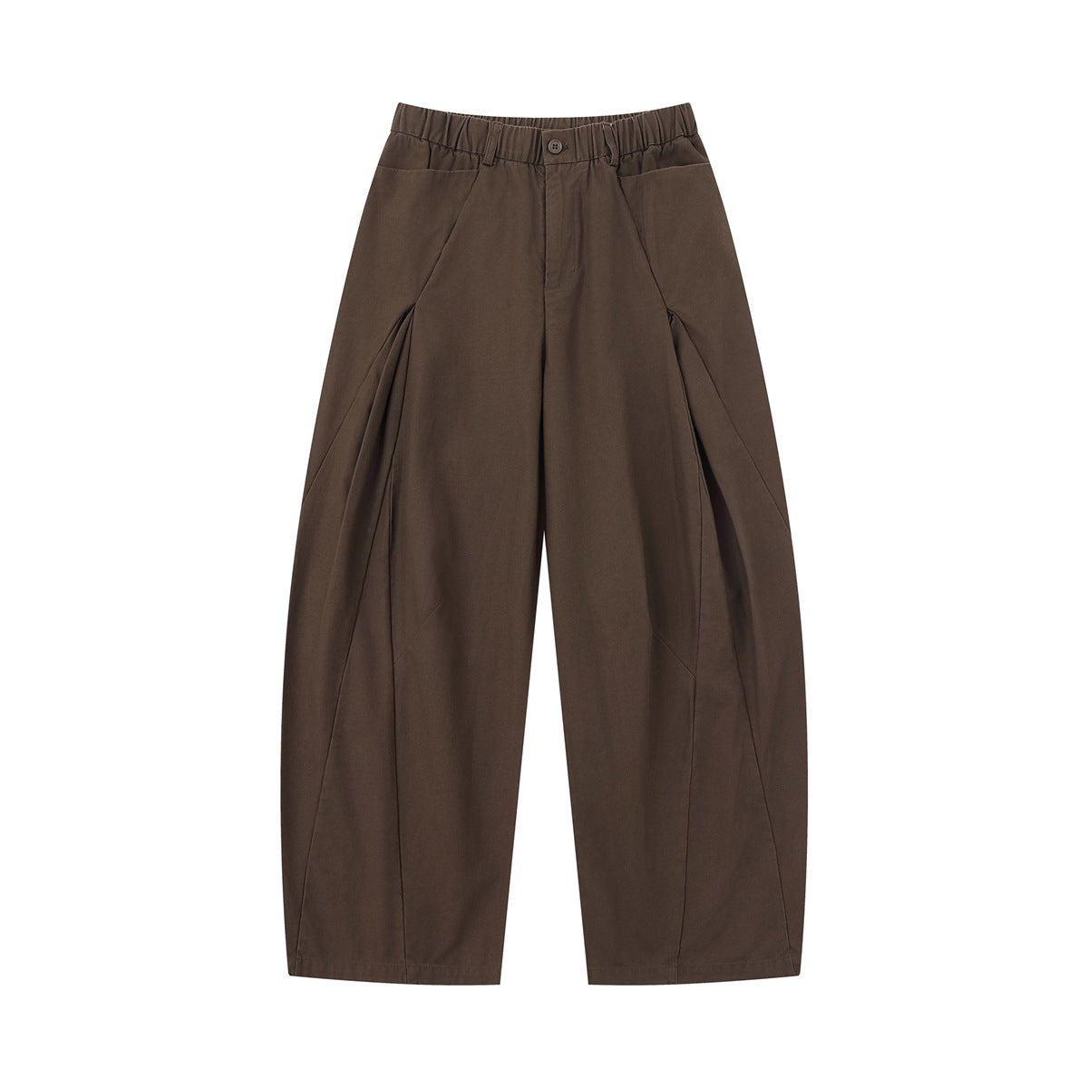Brown wide-leg barrel pants with elastic waistband, button and angled side seams, flat front view