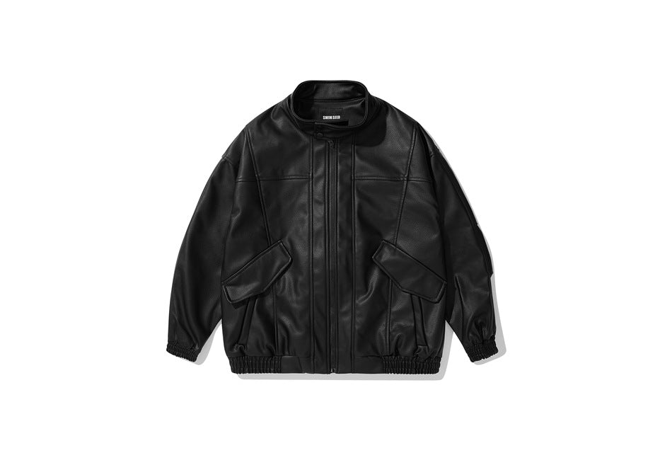 Front view of a black leather-look stand-collar zip jacket with flap pockets and elastic cuffs and hem