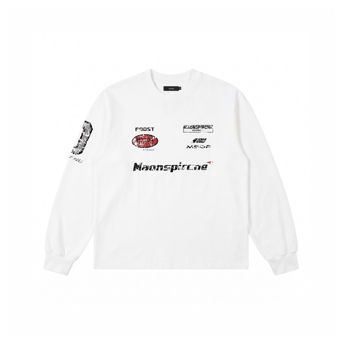 White long-sleeve crew-neck top with distressed racing-style prints on the chest and a number print on the sleeve