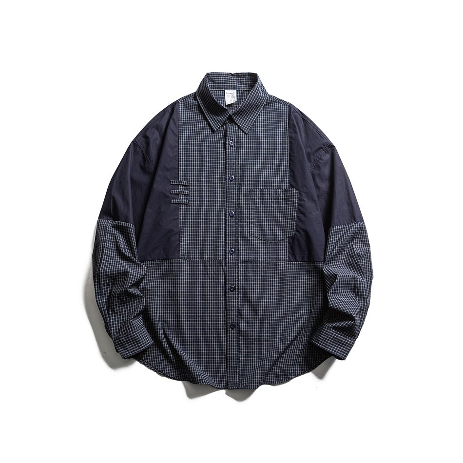 Navy blue patchwork check long-sleeve button shirt, front flat lay with chest pocket