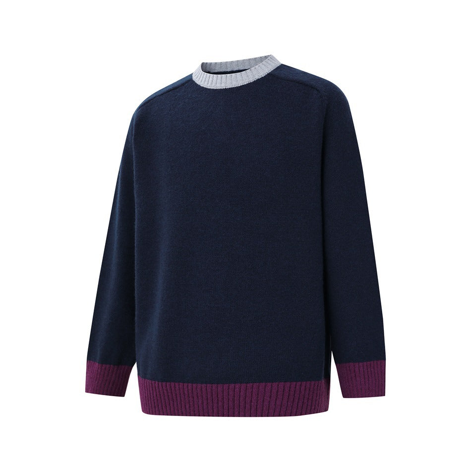 Front view of a navy crew-neck sweater with a light gray collar and burgundy ribbed cuffs and hem.