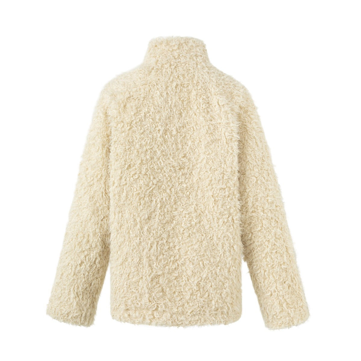 Back view of cream curly fleece-like jacket with stand collar and long sleeves, shown flat