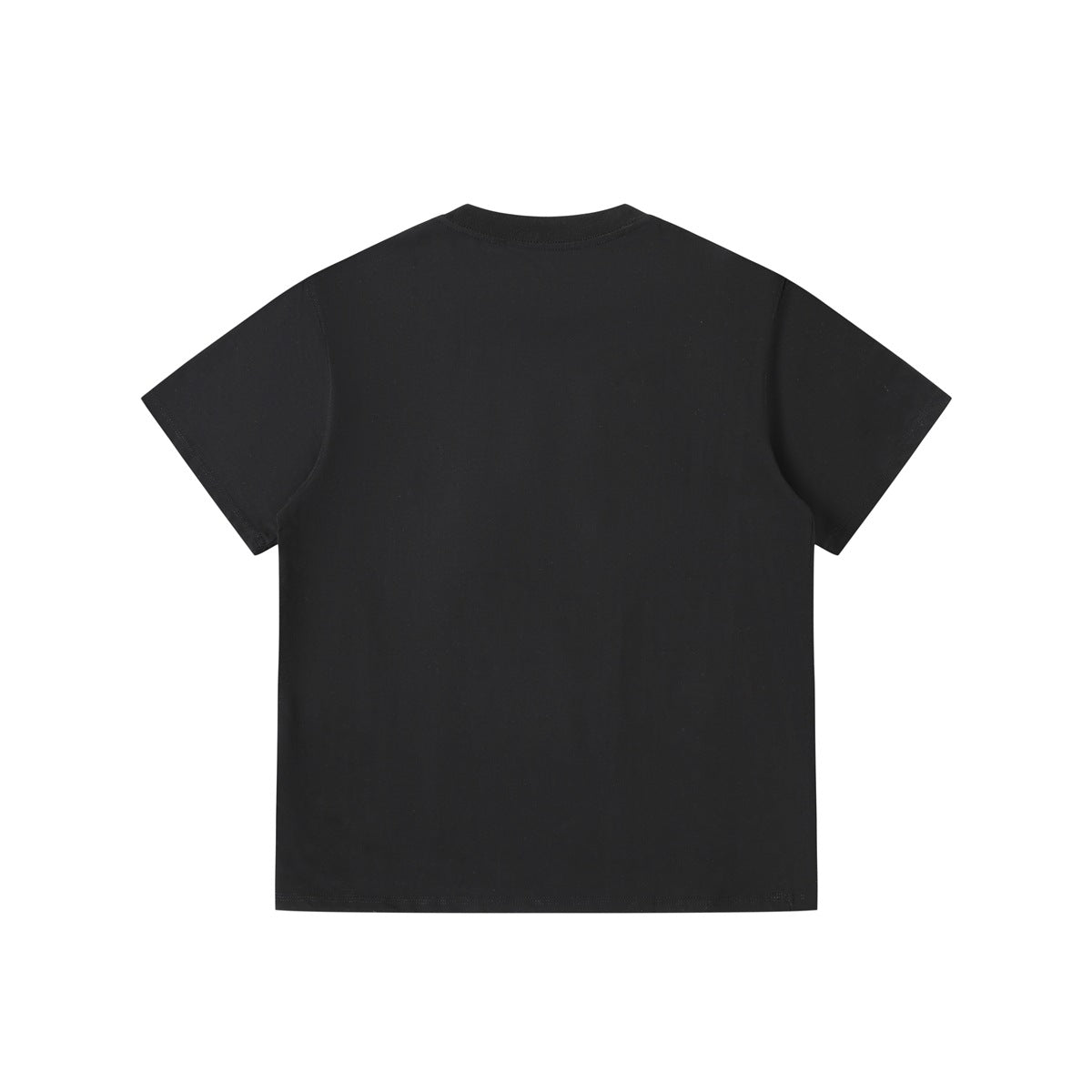 Back view of a plain black short-sleeve crew-neck T-shirt laid flat.