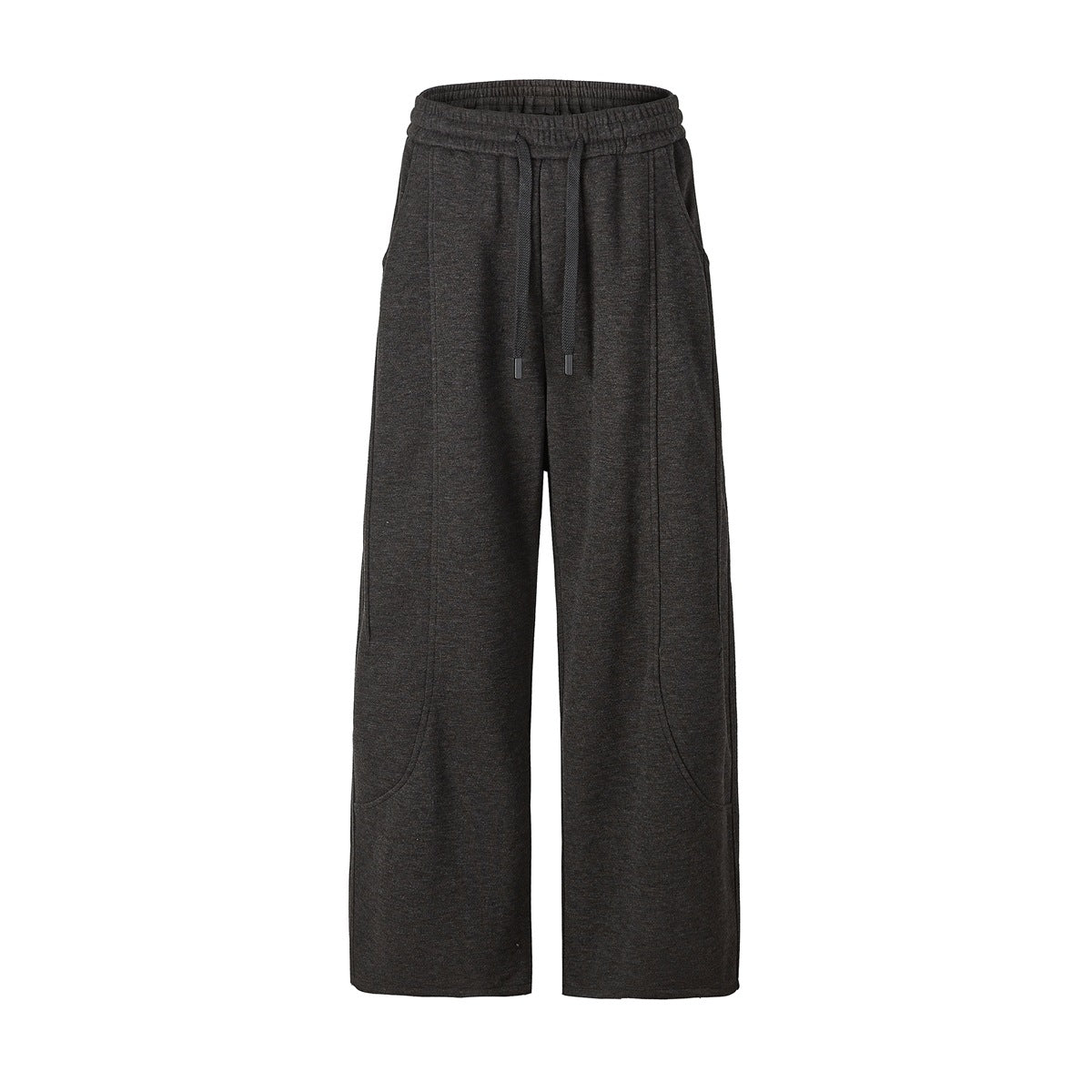 Front view of dark heather gray wide-leg drawstring sweatpants with elastic waistband and vertical seam lines