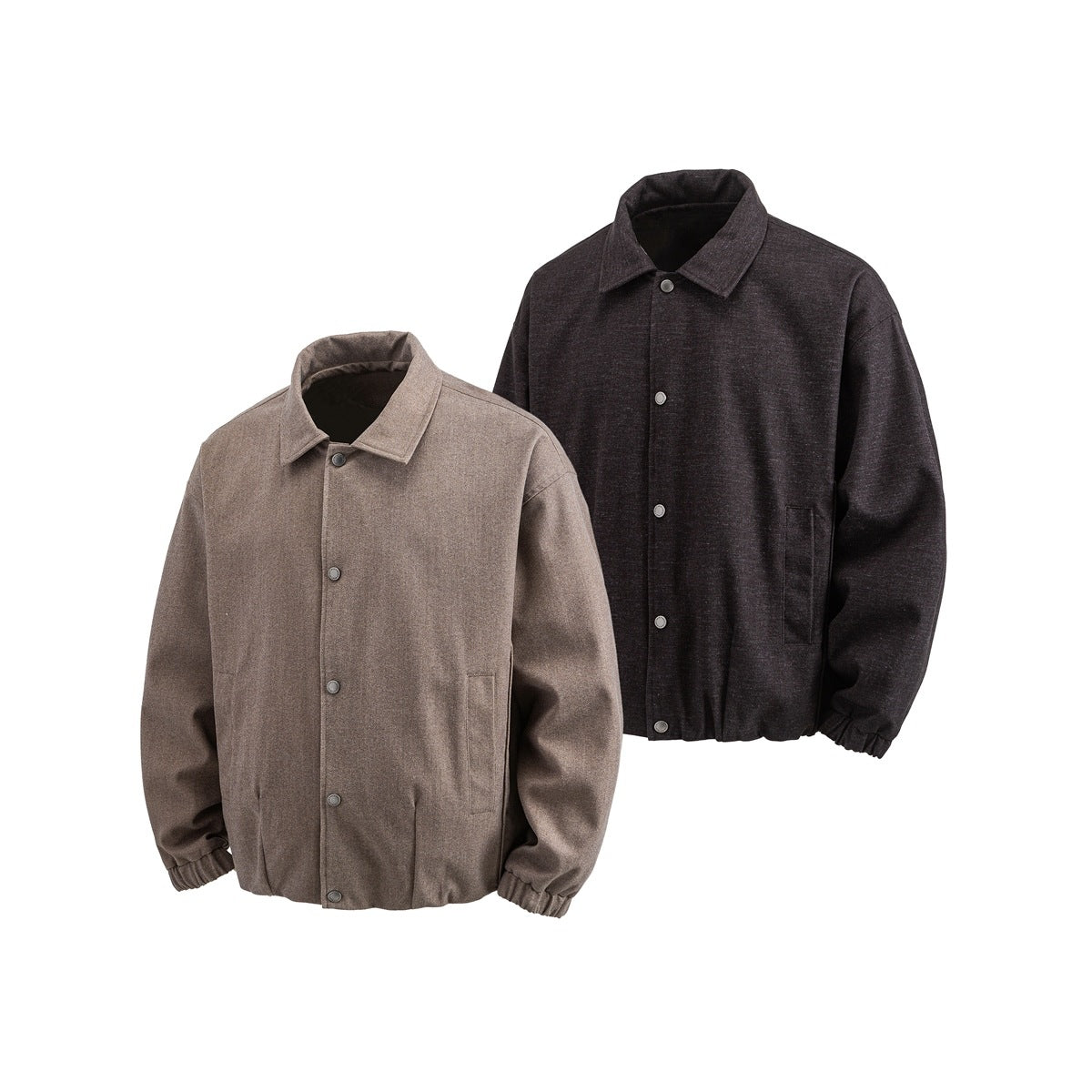 Two button-front jackets with collars and gathered cuffs, shown in taupe and charcoal.