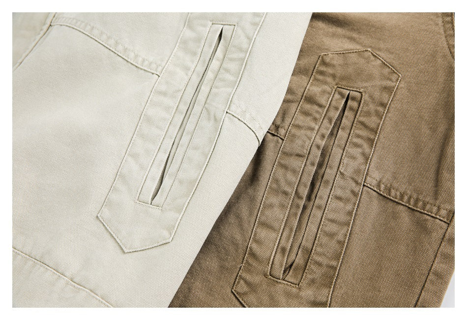 Close-up of a cream and a brown jacket showing long welt pockets and panel stitching.