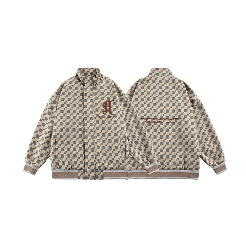 Front and back product views of a beige-and-charcoal checker jacket with ribbed trim and printed lettering.