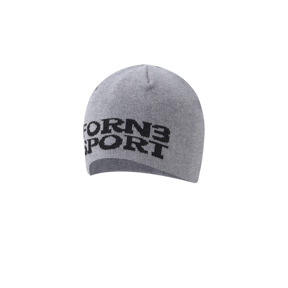 Gray knit beanie with black “FORNE SPORT” lettering, shown from the front.