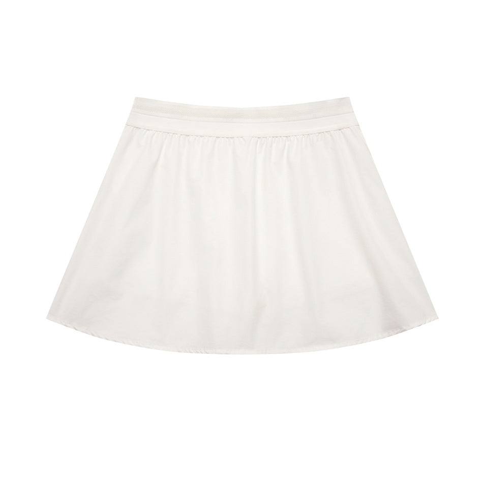 White flared athletic skirt with a matching wide waistband, shown flat against a white background.
