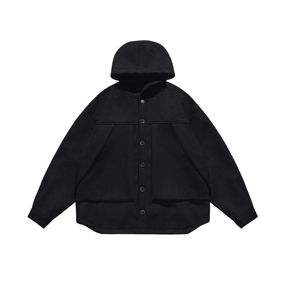 Black hooded button-up jacket with large front patch pockets and curved hem, flat lay on white background