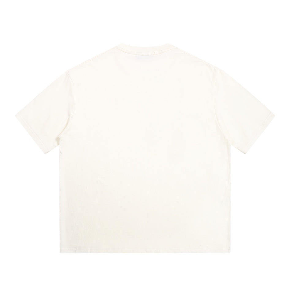 Back view of a plain ivory short-sleeve crew-neck T-shirt.