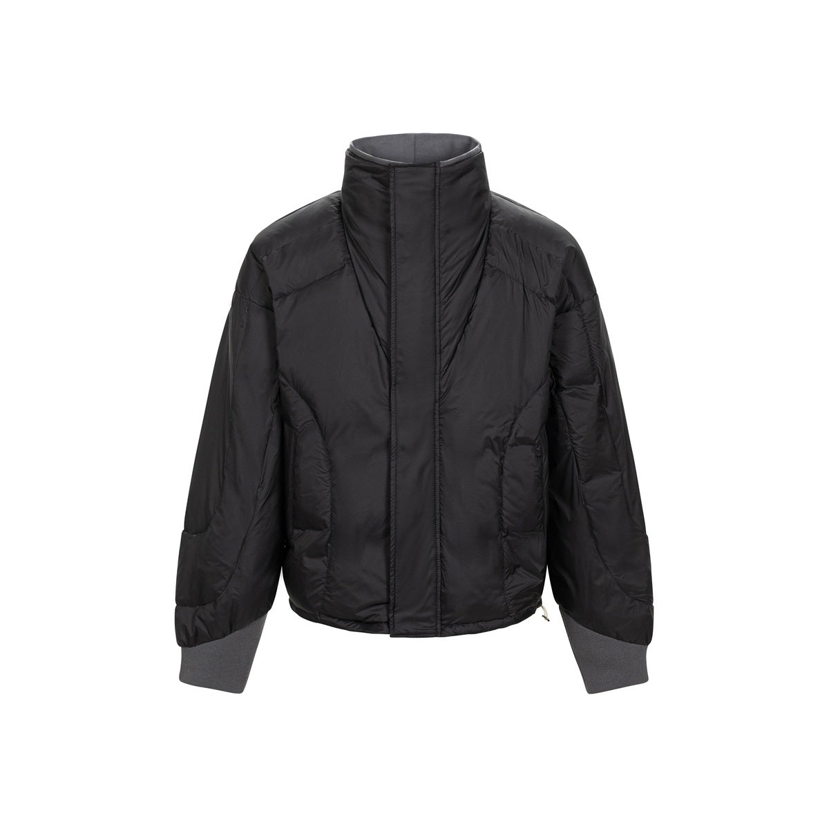 Black cropped quilted jacket with stand collar, front placket and gray ribbed cuffs, front view