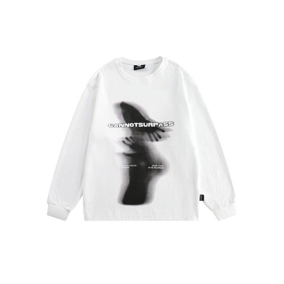 White long-sleeve crew-neck top with black blurred hands graphic and CANNOTSURPASS lettering, front flat view