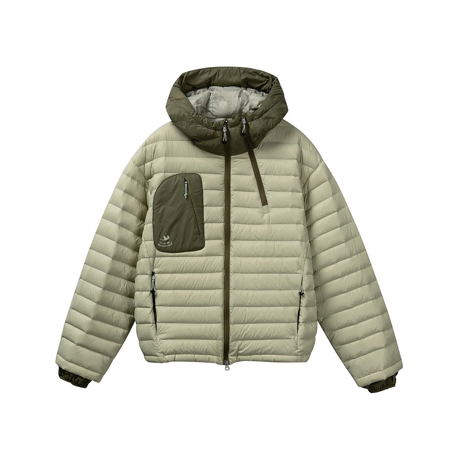 Light green quilted hooded puffer jacket with olive hood, chest pocket and cuffs, front view on white background