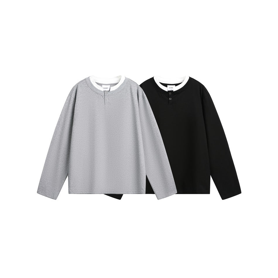 Gray and black long-sleeve henley tops shown together, each with a white contrast neckline and button placket.