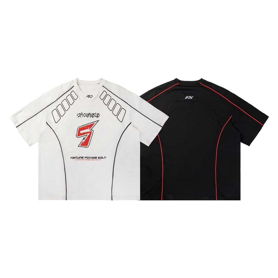 White shirt front and black shirt back shown together, both with short sleeves and contrasting panel piping.
