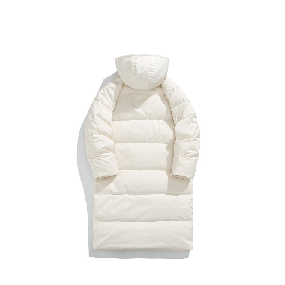 Back view of a long ivory quilted puffer coat with a hood and horizontal baffles, displayed against white.
