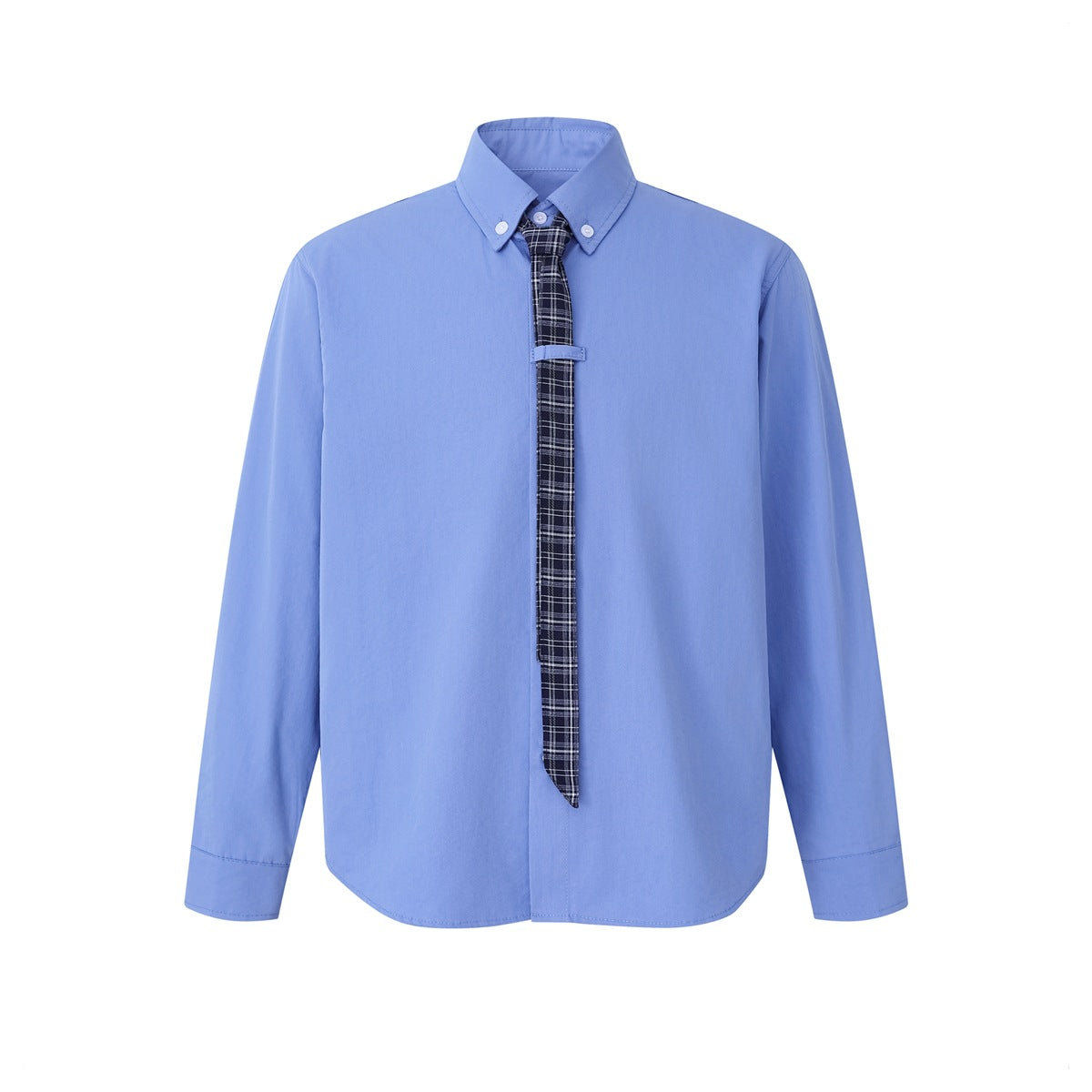 Blue long-sleeve button-down shirt with an attached navy and white plaid tie, flat front view on white background