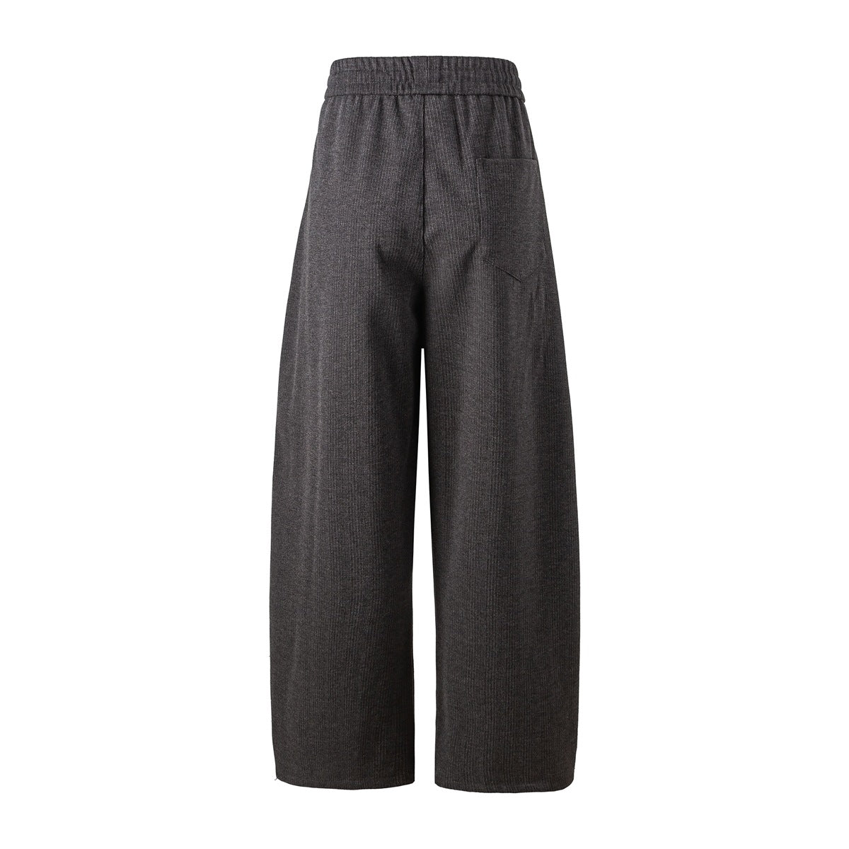 Back view of charcoal wide-leg trousers with an elastic waistband and a single rear pocket.