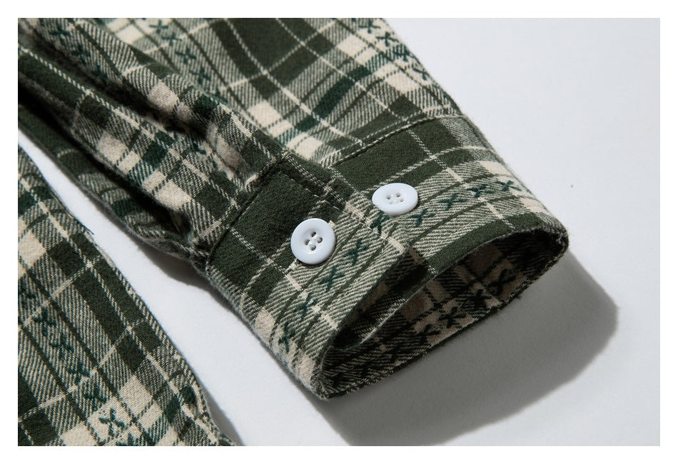 Close-up of a green and cream plaid shirt cuff with two white buttons and visible stitching.