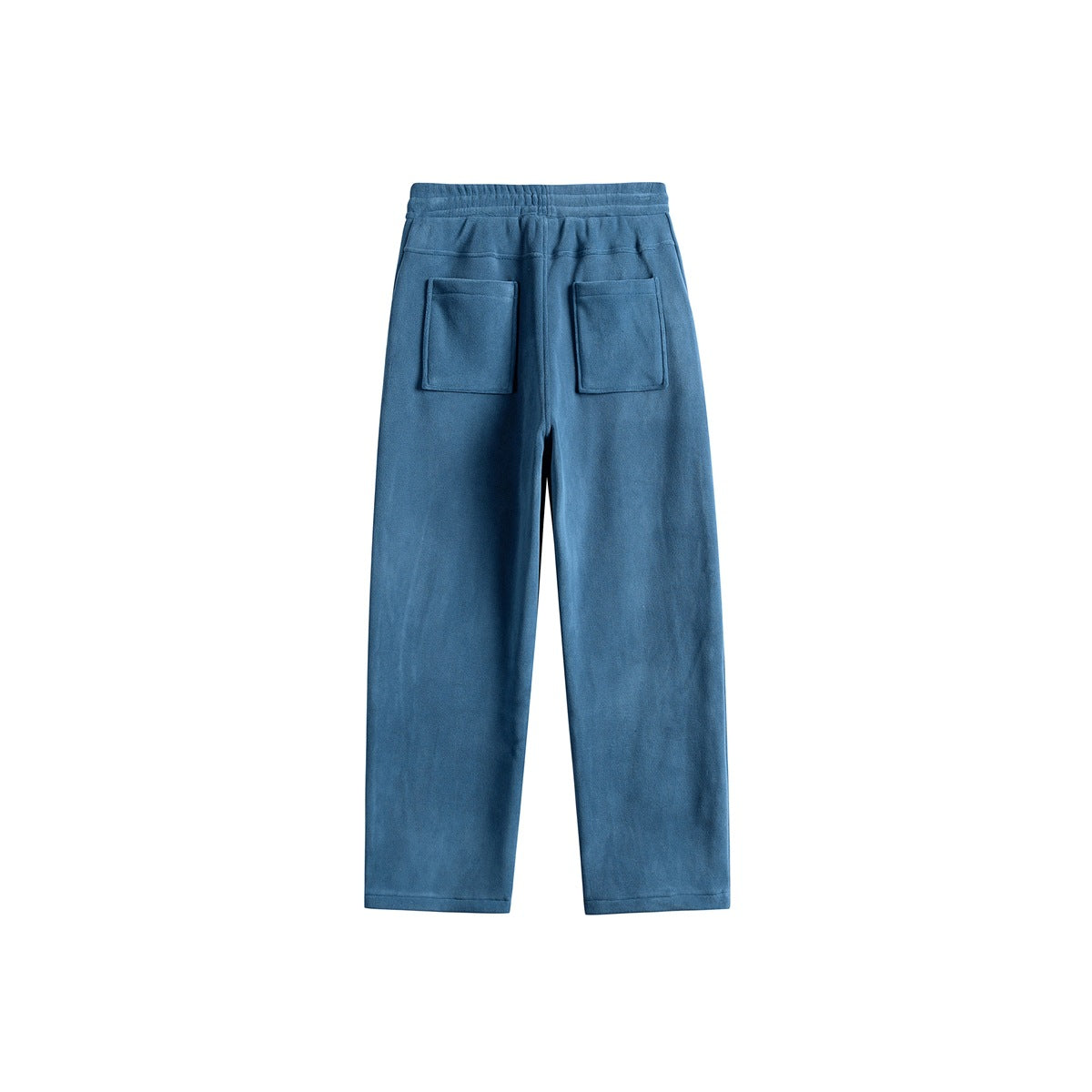 Rear view of blue straight-leg pants with an elastic waistband and two square back patch pockets.