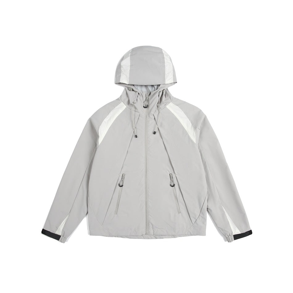 Light gray hooded zip jacket flat lay with off-white contrast panels, drawcords and zippered front pockets