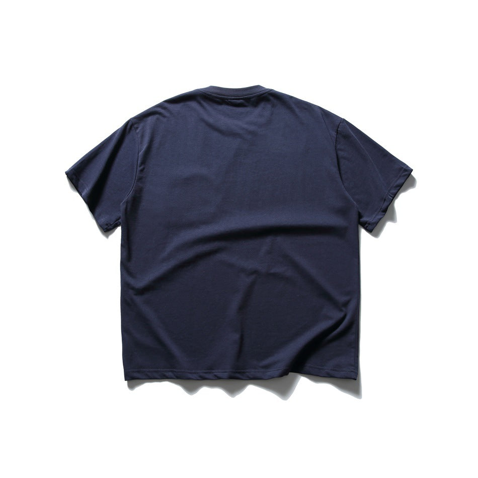 Back view of a plain navy short-sleeve T-shirt.