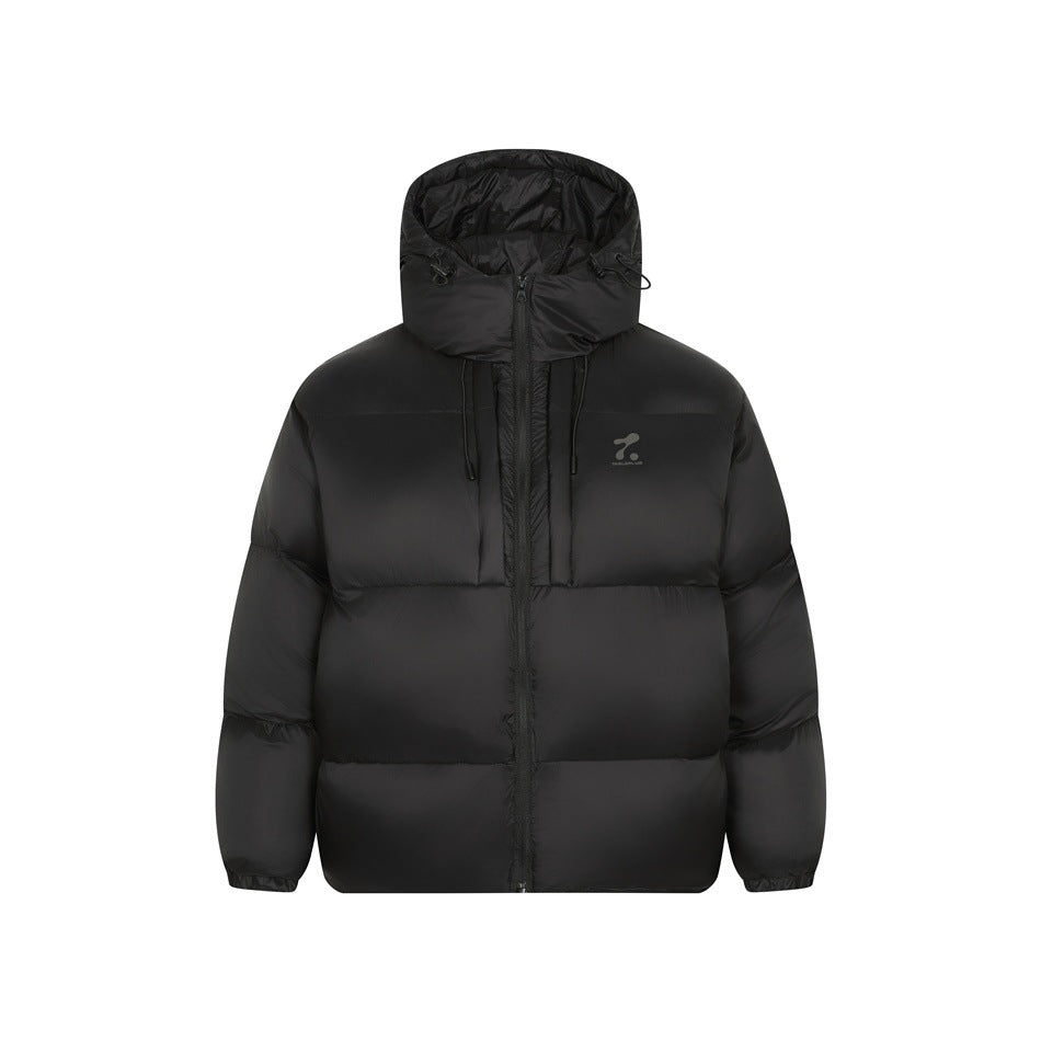 Black hooded puffer jacket, front view, with front zipper, drawstring hood and quilted body