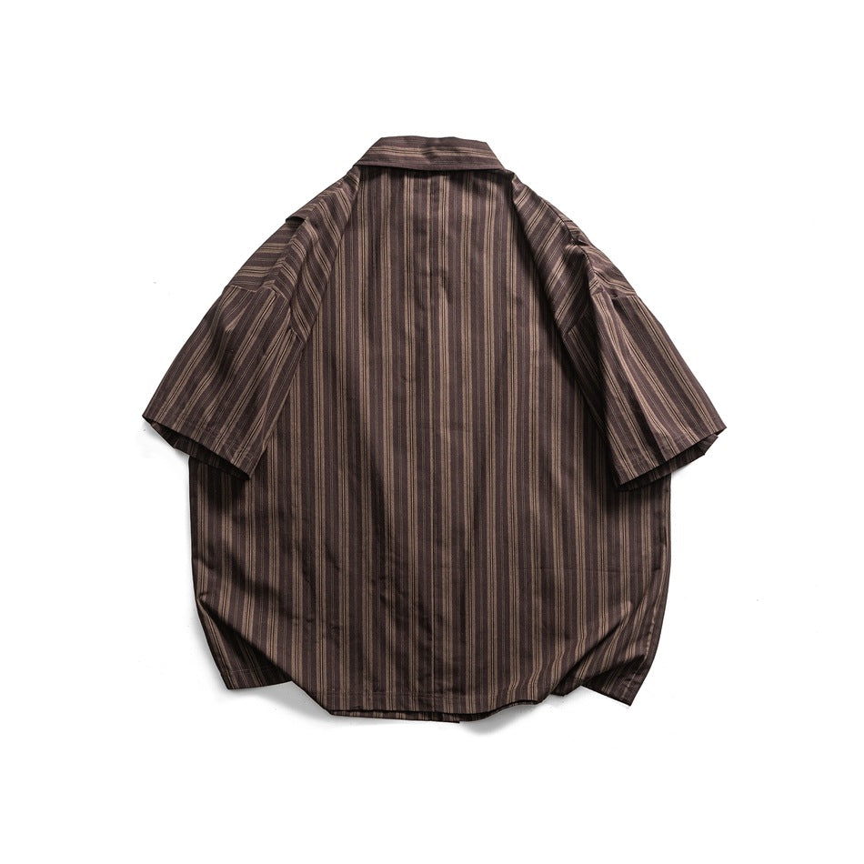 Back view of a dark brown short-sleeve button-up shirt with narrow vertical stripes, laid flat on white.