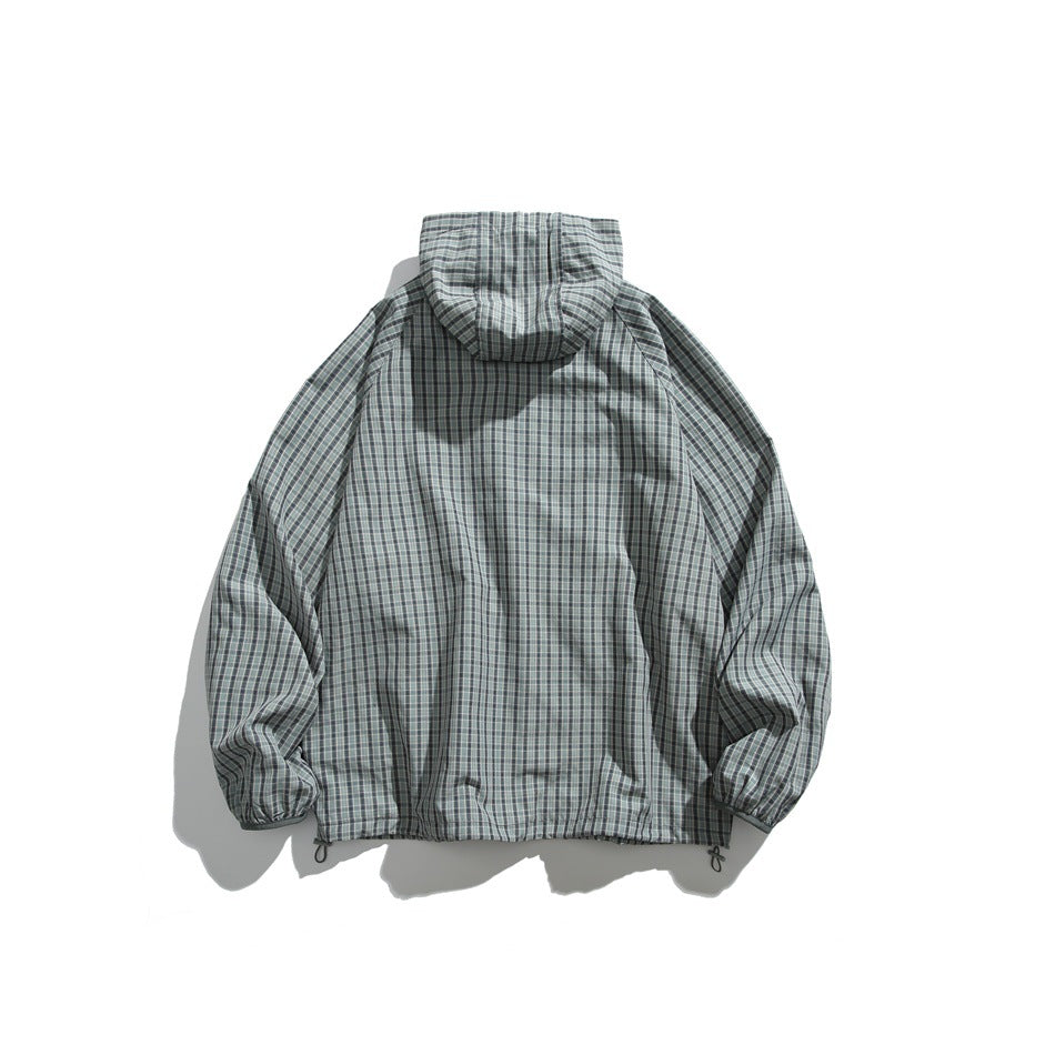 Back view of a gray-green plaid hooded jacket with gathered cuffs and an adjustable hem.