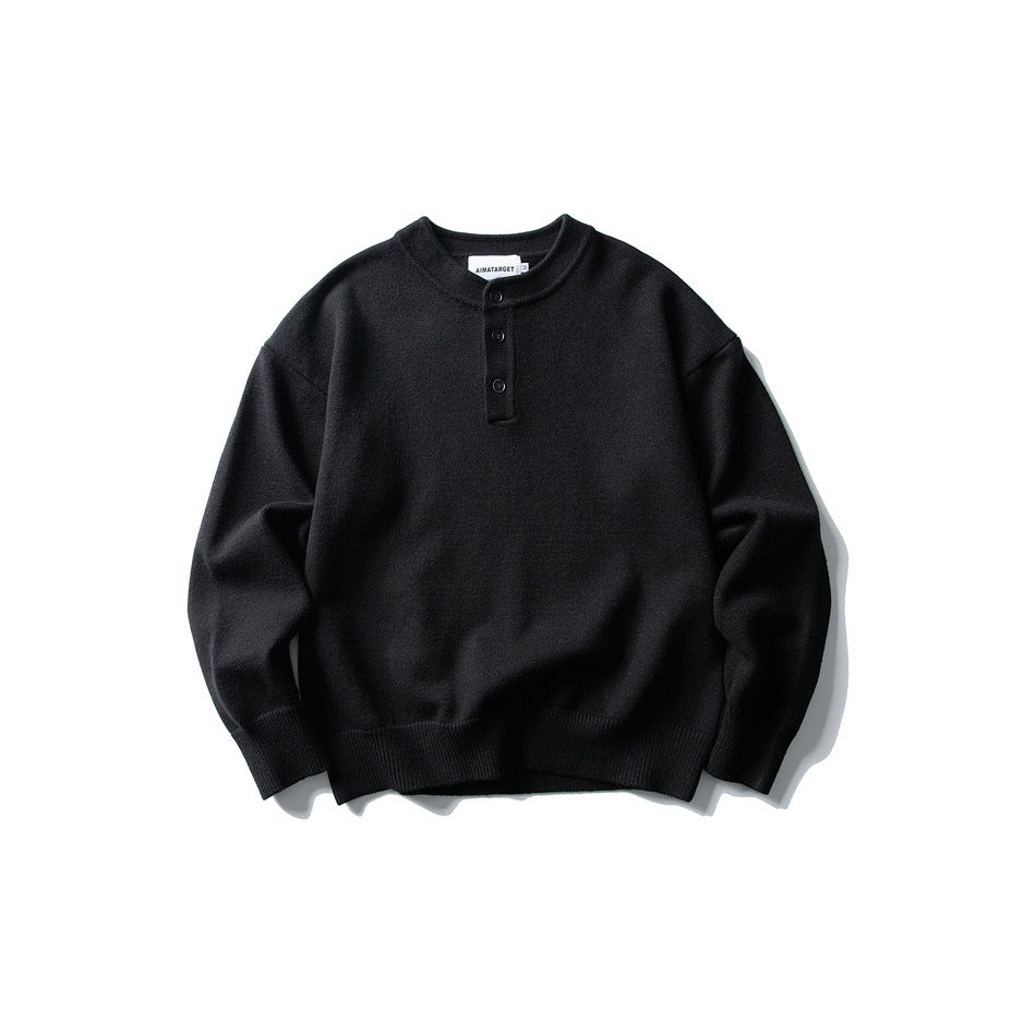 Black knit Henley-neck sweater with three buttons, flat lay front view